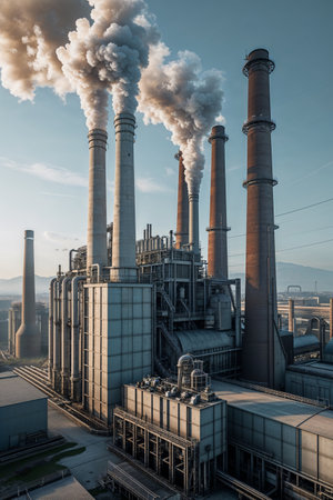 Large industrial facility with numerous tall chimneys emitting thick ...
