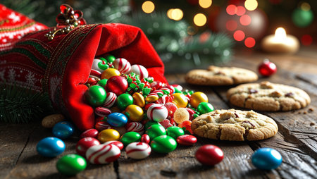 Festive Christmas scene featuring a red stocking overflowing with colorful candies, surrounded by decorated holiday cookies and gifts. Cozy holiday atmosphere with ornaments and a Christmas tree in the background, perfect for seasonal designs and festive promotions.の素材