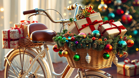 Vintage bicycle with wicker basket filled with Christmas gifts, ornaments, and pine branches, set against a holiday festive background with Christmas tree and lights. Perfect for holiday greetings, seasonal promotions, and winter celebration concepts.の素材