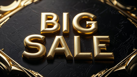 Elegant promotional banner featuring bold 3D gold text "BIG SALE" on a black background with ornate gold frame and diamond-shaped design. The luxurious style is ideal for premium product promotions, seasonal discounts, and upscale retail advertising.の素材