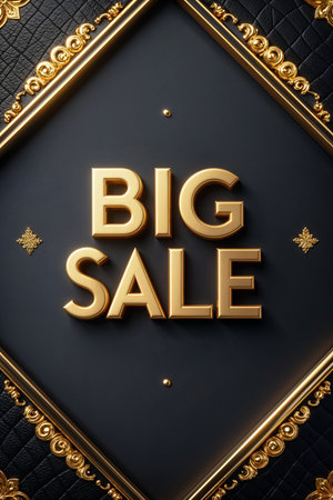 Elegant promotional banner featuring bold 3D gold text "BIG SALE" on a black background with ornate gold frame and diamond-shaped design. The luxurious style is ideal for premium product promotions, seasonal discounts, and upscale retail advertising.の素材