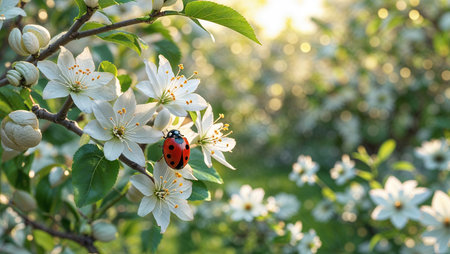 Close-up of a vibrant red and black ladybug resting on a delicate white flower, surrounded by green foliage in a sunlit garden. Perfect for illustrating nature, wildlife, pollination, or spring themes.の素材