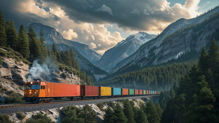 Long freight train carrying colorful intermodal containers traveling through a scenic mountain valley, surrounded by pine forests and rocky terrain, under a dramatic cloudy sky, representing cargo transport and logistics in remote areas.の素材