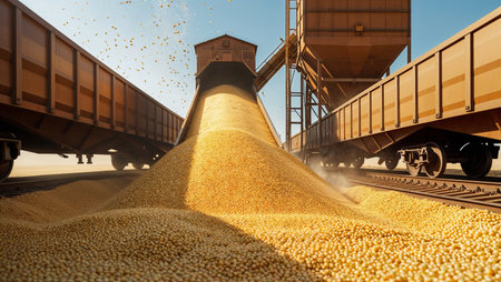 Golden grain being unloaded from large train hopper cars, forming a growing pile under bright sunlight. The scene captures the industrial scale of modern agriculture, grain transportation logistics, and the abundance of harvest season.の素材