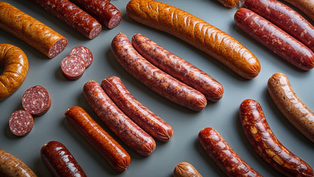 Flat lay of various smoked, cured, and fresh sausages arranged on a neutral gray background. The selection includes sliced salami, smoked links, and different sausage varieties, showing rich colors and textures. Perfect for illustrating food industry, butcher products, and traditional meat delicacies.の素材