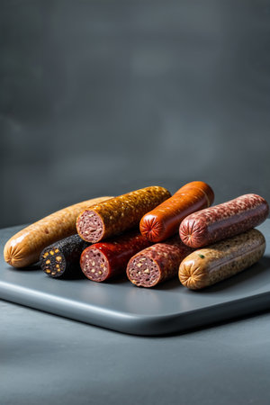 Flat lay of various smoked, cured, and fresh sausages arranged on a neutral gray background. The selection includes sliced salami, smoked links, and different sausage varieties, showing rich colors and textures. Perfect for illustrating food industry, butcher products, and traditional meat delicacies.の素材