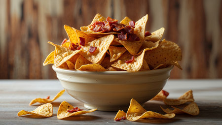 Close-up of a ceramic bowl filled with golden crispy nachos topped with crunchy bacon pieces. Some chips are scattered on the wooden table, creating a casual and appetizing presentation. Perfect for illustrating snack foods, party appetizers, and comfort eating concepts.の素材