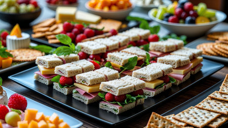 Close-up of a platter with neatly arranged rectangular finger sandwiches layered with ham, cheese, fresh strawberries, and greens. Served alongside crackers, cheese cubes, and fruit, creating a colorful and appetizing buffet presentation. Perfect for catering, events, and party food concepts.の素材