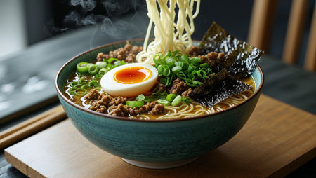 Delicious bowl of ramen with steaming hot broth, topped with soft-boiled egg, savory ground meat, fresh chopped green onions, and crispy nori sheets. A perfect presentation of traditional Japanese comfort food, ideal for culinary blogs, menus, and gourmet food promotions.の素材