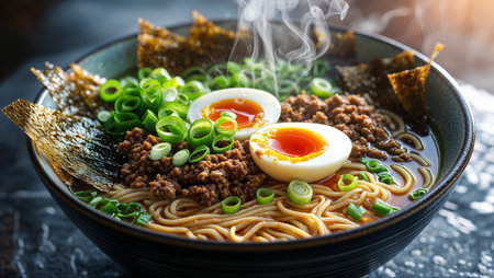 Delicious bowl of ramen with steaming hot broth, topped with soft-boiled egg, savory ground meat, fresh chopped green onions, and crispy nori sheets. A perfect presentation of traditional Japanese comfort food, ideal for culinary blogs, menus, and gourmet food promotions.の素材