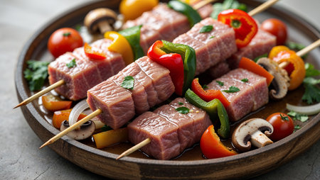 Close-up of fresh raw skewers with cubes of meat, colorful bell peppers, red onion, mushrooms, and zucchini, arranged on a kitchen surface. Perfect for illustrating barbecue preparation, cooking concepts, and fresh ingredients for grilling or outdoor parties.の素材