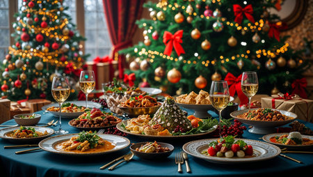 Luxuriously set Christmas dinner table adorned with evergreen garlands, candles, and golden ornaments, surrounded by delicious festive dishes. In the background, two beautifully decorated Christmas trees with twinkling lights create a warm, magical holiday atmosphere, perfect for celebrating Christmas Eve or holiday gatherings.の素材