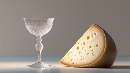 Minimalist still life featuring an ornate crystal glass next to a wedge of aged cheese with natural rind and small holes. Soft lighting creates a refined, gourmet atmosphere, perfect for illustrating wine and cheese pairing, fine dining, or culinary themes.の素材