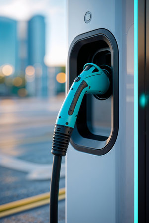 Close-up of a modern electric vehicle charging plug connected to a sleek charging station, with blurred city buildings in the background. Focus on clean energy technology, sustainability, and eco-friendly transportation.の素材