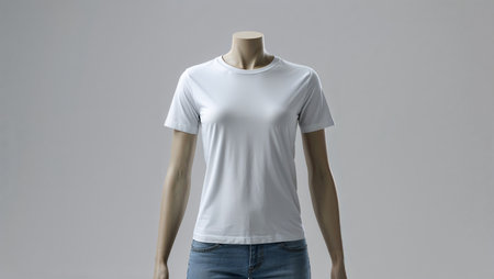 High-quality studio mockup of a plain white women's t-shirt on a mannequin, ideal for showcasing designs, logos, or patterns. The shirt features short sleeves, a classic crew neck, and a smooth texture that makes it perfect for print-on-demand previews or branding presentations. Neutral background ensures easy editing and integration into various promotional materials.の素材