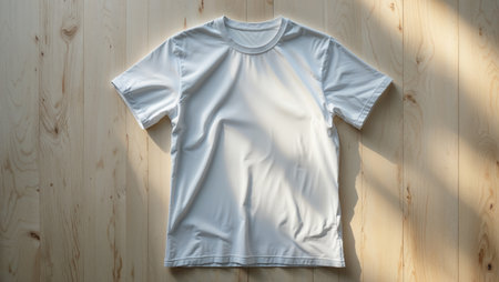 High-quality mockup of a plain white t-shirt lying flat on a wooden floor, ideal for showing custom designs, prints, and patterns. Perfect for print-on-demand products, fashion presentations, and online store displays.の素材