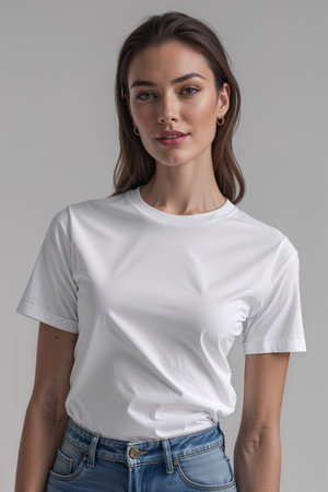 Minimalist portrait of a young woman with dark hair pulled back, wearing a plain white t-shirt and light blue jeans, standing indoors against a neutral background.の素材