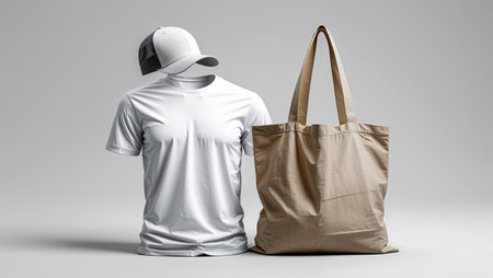 Minimalist mockup featuring a plain white t-shirt, a white and black cap, and a white tote bag, arranged side-by-side on a neutral gray background. Perfect for branding presentations, product design showcases, and fashion merchandising concepts.の素材