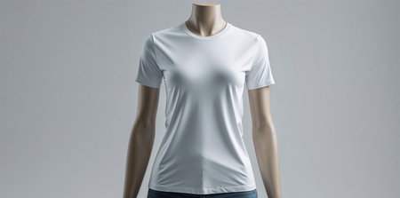 High-quality studio mockup of a plain white women's t-shirt on a mannequin, ideal for showcasing designs, logos, or patterns. The shirt features short sleeves, a classic crew neck, and a smooth texture that makes it perfect for print-on-demand previews or branding presentations. Neutral background ensures easy editing and integration into various promotional materials.の素材
