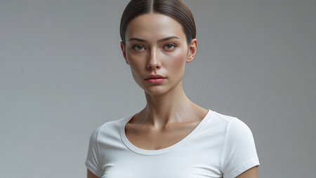 Minimalist portrait of a young woman with dark hair pulled back, wearing a plain white t-shirt and light blue jeans, standing indoors against a neutral background.の素材