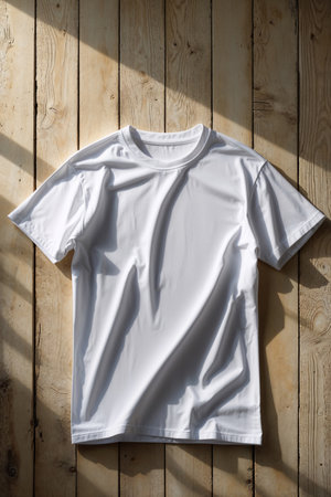 High-quality mockup of a plain white t-shirt lying flat on a wooden floor, ideal for showing custom designs, prints, and patterns. Perfect for print-on-demand products, fashion presentations, and online store displays.の素材