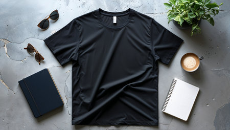 Minimalist flat lay composition featuring a plain black t-shirt placed on a cracked concrete surface, surrounded by stylish accessories including sunglasses, a notebook, a cup of coffee, and a small potted plant, creating a modern lifestyle and fashion concept.の素材
