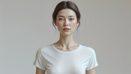 Minimalist portrait of a young woman with dark hair pulled back, wearing a plain white t-shirt and light blue jeans, standing indoors against a neutral background.の素材