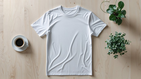 Minimalist flat lay composition featuring a plain white t-shirt on a light wooden surface, surrounded by coffee cups, green plants, and soft morning sunlight. Perfect for apparel mockups, fashion branding, or lifestyle presentations.の素材