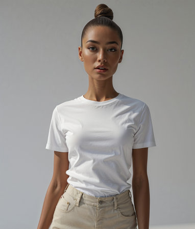 Minimalist portrait of a young woman with dark hair pulled back, wearing a plain white t-shirt and light blue jeans, standing indoors against a neutral background.の素材
