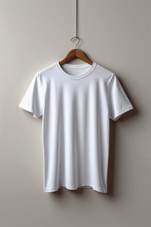 High-quality mockup of a plain white T-shirt on a hanger against a neutral wall background, perfect for showcasing apparel designs, logos, or custom prints. This clean and smooth fabric surface makes it easy to add your artwork without distortion, ideal for use in fashion presentation designs, online stores, or print-on-demand previews.の素材
