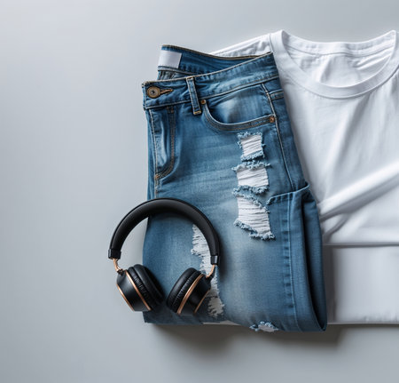 Blue jeans with headphones on a gray background. Flat lay, top viewの素材