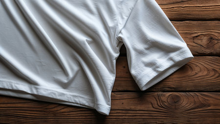 A detailed close-up view of a white cotton T-shirt sleeve and lower side, lying on a rustic wooden surface. The fabric shows natural folds and texture, contrasting with the warm wood grain background. Perfect for apparel design presentations, textile displays, or casual lifestyle concepts.の素材