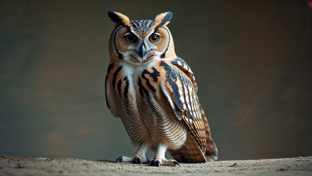 A highly detailed, photorealistic close-up of an owl with striking amber and black feather patterns, sharp gaze, and intricate textures. Perfect for wildlife enthusiasts, nature prints, home decor, educational materials, and artistic projects.の素材