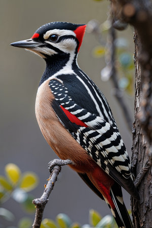 Close-up photograph of a great spotted woodpecker perched on a tree branch, showing its striking black, white, and red plumage with intricate feather patterns. Perfect for nature, wildlife, and bird photography collections.の素材