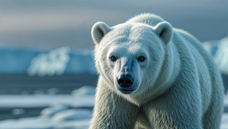 Majestic polar bear standing on a frozen sea surface, reflected in the icy water, with dramatic clouds in the background. High-resolution wildlife photography showing the beauty and strength of Arctic nature.の素材