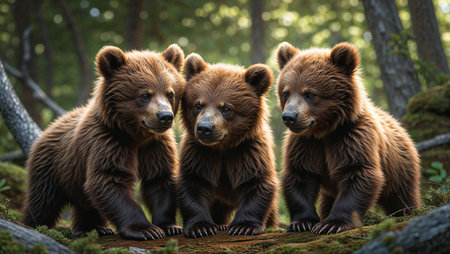 A heartwarming close-up of three fluffy brown bear cubs standing together in a lush forest. Their soft fur, curious expressions, and playful stance create a captivating wildlife portrait that captures the beauty of nature and the innocence of young animals. Perfect for nature enthusiasts, wildlife prints, and educational materials.の素材
