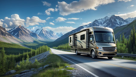 A photorealistic image of a modern golden motorhome driving along a highway surrounded by majestic mountains and lush green forests. Bright daylight, blue sky with clouds, and a panoramic view of mountain peaks create an atmosphere of freedom, adventure, and travel.の素材