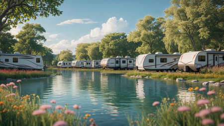 Scenic RV park by a calm lake in summer, surrounded by lush green trees and a bright blue sky with fluffy clouds, peaceful nature camping scene.の素材