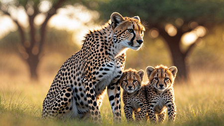 Majestic cheetah standing alert in tall grass with two adorable cubs by her side, captured in warm golden sunlight of the savannah.の素材