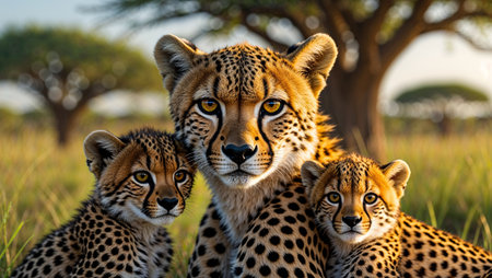 Majestic cheetah standing alert in tall grass with two adorable cubs by her side, captured in warm golden sunlight of the savannah.の素材