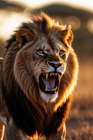 Close-up of a powerful male lion roaring in the golden light of sunset, showing its sharp teeth and intense gaze in a savannah setting.の素材