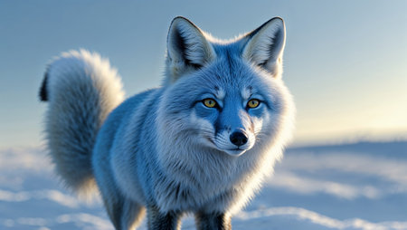 A striking arctic fox with thick winter fur and piercing yellow eyes stands in a snowy landscape under a clear blue sky, bathed in cold northern light.の素材