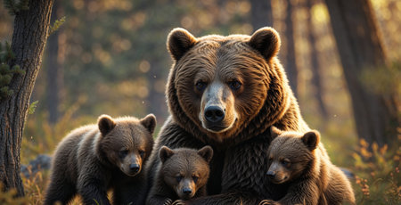 A tender scene of a brown bear with three cubs in a forest during autumn. The cubs are cuddled closely to their mother, with warm sunlight enhancing the golden and brown tones of their fur. The background shows softly blurred fall foliage, creating a cozy and natural wildlife atmosphere.の素材