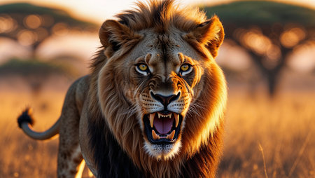 Close-up of a powerful male lion roaring in the golden light of sunset, showing its sharp teeth and intense gaze in a savannah setting.の素材