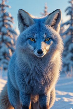 A striking arctic fox with thick winter fur and piercing yellow eyes stands in a snowy landscape under a clear blue sky, bathed in cold northern light.の素材