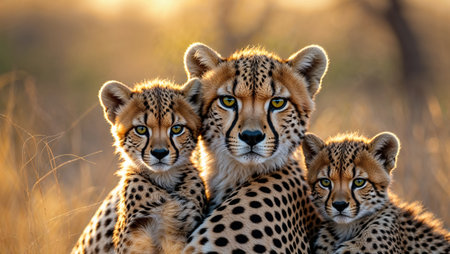Majestic cheetah standing alert in tall grass with two adorable cubs by her side, captured in warm golden sunlight of the savannah.の素材