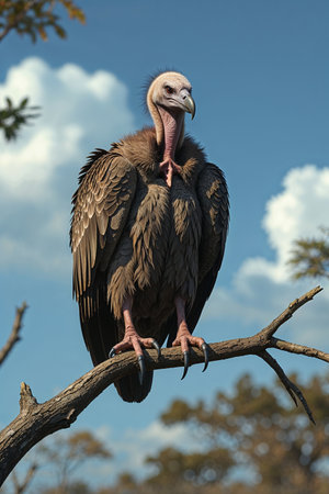 Close-up of a lappet-faced vulture standing on a dry, twisted tree branch in a natural habitat. The bird's sharp beak, pinkish head, and dark feathers are highlighted against a blurred background of leafless branches, evoking a dramatic wildlife scene.の素材