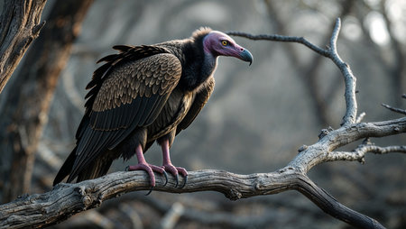 Close-up of a lappet-faced vulture standing on a dry, twisted tree branch in a natural habitat. The bird's sharp beak, pinkish head, and dark feathers are highlighted against a blurred background of leafless branches, evoking a dramatic wildlife scene.の素材