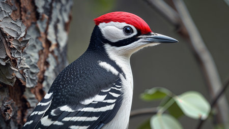Close-up photograph of a great spotted woodpecker perched on a tree branch, showing its striking black, white, and red plumage with intricate feather patterns. Perfect for nature, wildlife, and bird photography collections.の素材