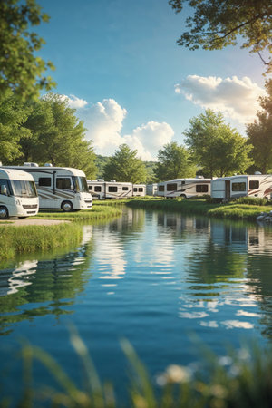 Scenic RV park by a calm lake in summer, surrounded by lush green trees and a bright blue sky with fluffy clouds, peaceful nature camping scene.の素材